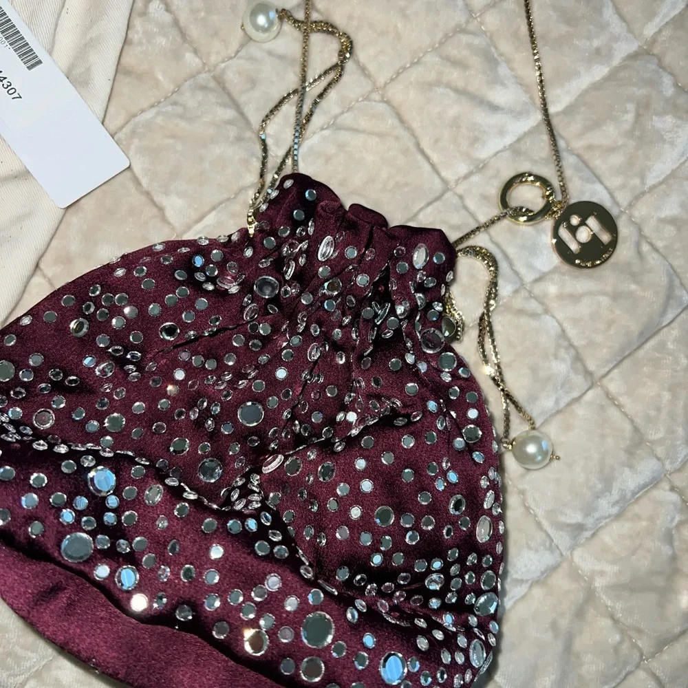 Burgundy Satin Drawstring Evening Pouch with Mirror Studs